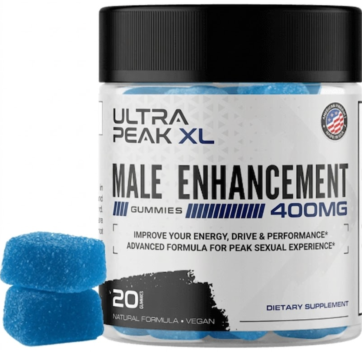 Ultra Peak XL Male Enhancement Gummies 400mg bottle with blue gummies